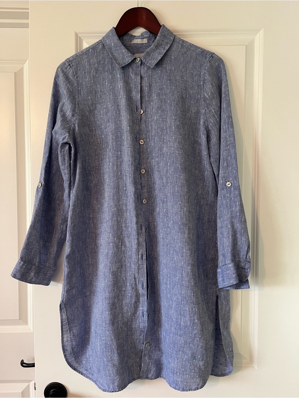 Chico's Blue Linen-Blend Button Down Shirt Dress